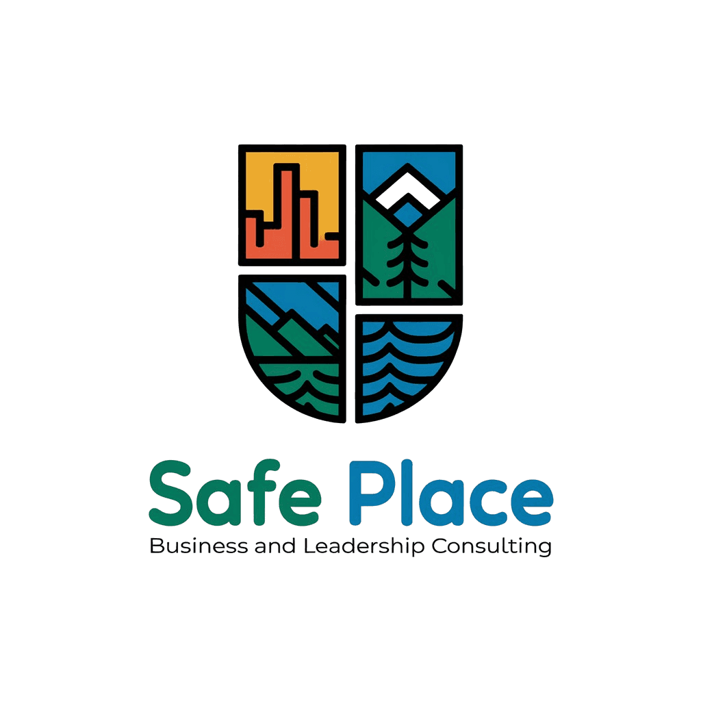 Safe Place logo featuring colorful shield with cityscape, tree, mountains, and waves above text.